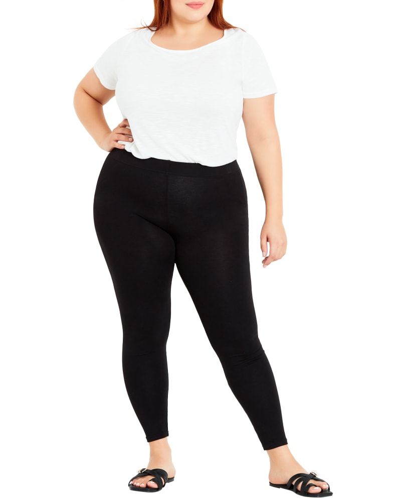 Front of a model wearing a size 22 PANT ANKLE LEGGING in Black by Evans. | dia_product_style_image_id:310500